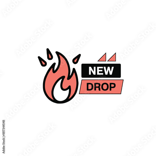 Illustration of a flame with water droplets and a new drop promotion on a white background
