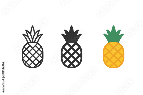 Pineapple Icon Variations. Minimalist pineapple fruit icon: three identical pineapples with spiky tops in a row, first in line