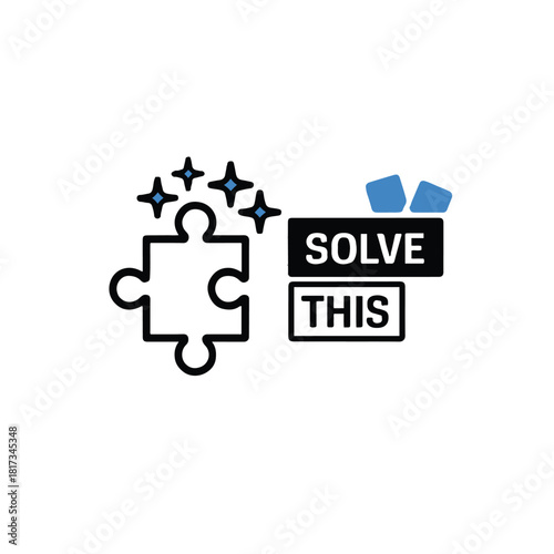 A puzzle piece with stars and solve this text in black boxes with blue shapes above it on white