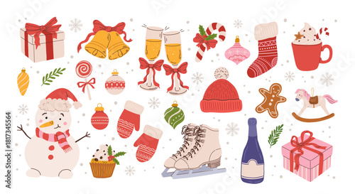 Festive Christmas clipart set with snowman, gifts, ornaments, sweets, and winter accessories on white background. Hand draw New Year icons vector illustration