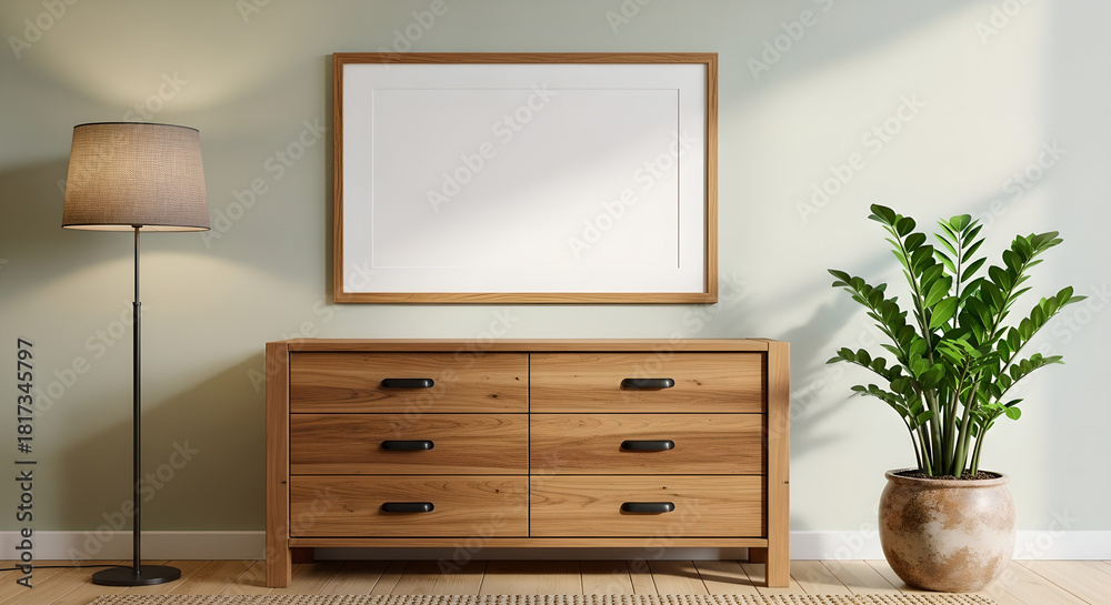 Fototapeta premium Interior Design Empty Frame Wooden Dresser Sage Green Wall Copy Space