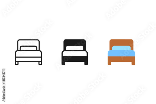 Minimalist Bed Icons. Minimalist bed icon: three identical beds with headboards in a row, first in line style with thin outline,