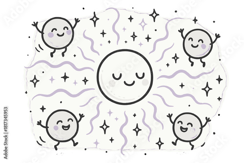 Smiling Higgs Boson. Magical doodle Higgs field with a smiling Higgs boson, cartoon particles gaining happy mass, sparkling energy