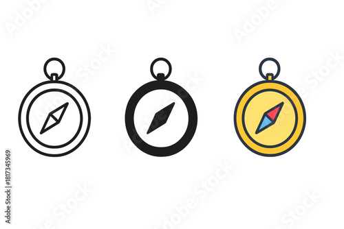 Minimalist Compass Trio. Minimalist compass travel icon: three identical circular compasses with arrow needles in a row, first in