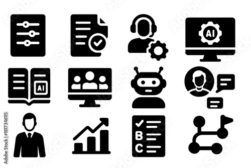 AI-Powered Learning Icons. Solid style icons of AI-Powered Learning: adaptive course, automated assessment, virtual instructor,
