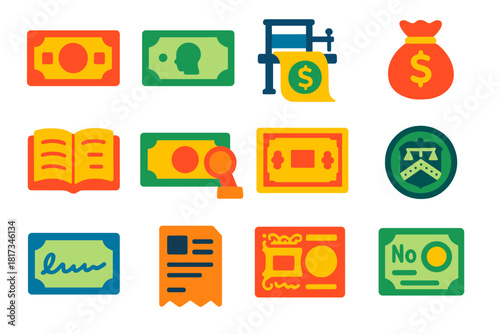 Colorful Money Icons. Flat vector icons of paper money origins: Chinese banknote, watermarked bill, printing press, silk money