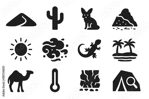 Desert Icons Collection. Solid style icons of Desert Ecology: sand dune, cactus, desert fox, land degradation, sun, sandstorm,