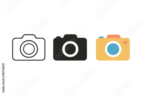 Minimalist Camera Icons. Minimalist camera travel icon: three identical compact cameras with lens in front in a row, first in line