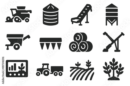 Harvest Technology Icons. Solid style icons of harvesting technology: combine harvester, grain bin, conveyor belt, storage silo,