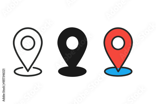 Stylish Map Pins. Minimalist location pin navigation icon: three identical map pins with circular centers in a row, first in line