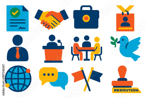 Diplomacy Icons Collection. Flat vector icons of diplomacy and negotiation: treaty document, handshake, diplomatic suitcase,