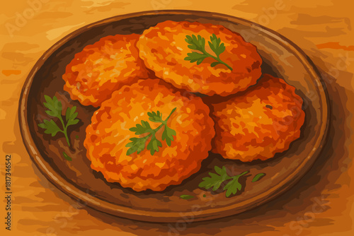 Golden Potato Pancakes. Freshly baked potato pancakes served on a rustic plate, golden crispy texture, garnished with herbs,