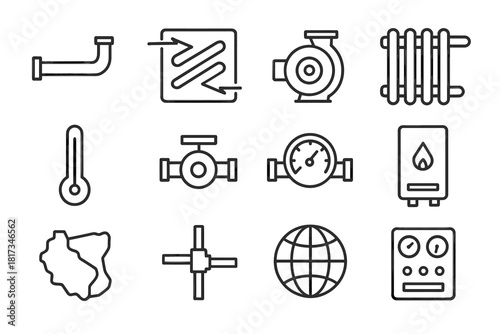 District Heating Icons. Line style icons of District Heating: Pipe, Heat Exchanger, Pump, Radiator; Thermometer, Valve, Flow Meter