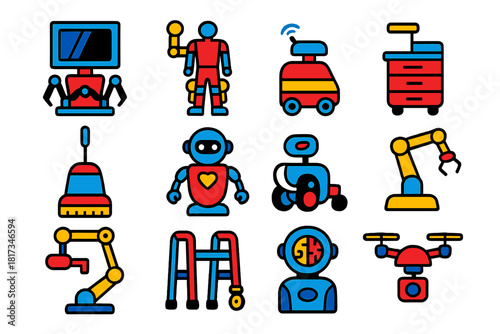 Robotic Icons Collection. Flat vector icons of medical and service robots: surgical robot, exoskeleton, delivery robot, cleaning