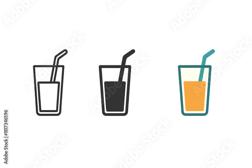 Juice Glass Styles. Minimalist juice breakfast icon: three identical glasses of juice with straws in a row, first in line style