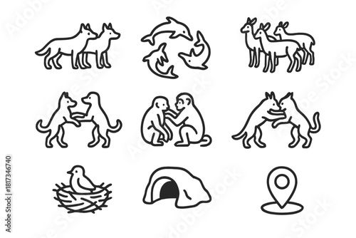 Social Interaction Icons. Line style icons of Social Interaction: Pack, Pod, Herd, Group; Play, Grooming, Fight, Hug; Nest, Den,