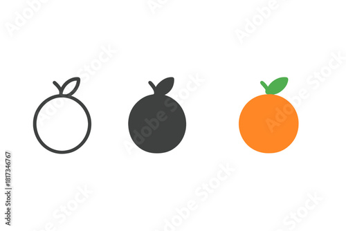 Minimalist Orange Icons. Minimalist orange fruit icon: three identical round oranges with a small leaf on top in a row, first in