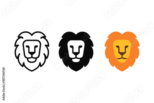 Minimalist Lion Icons. Minimalist lion animal icon: three identical lion heads with mane in a row, first in line style with thin