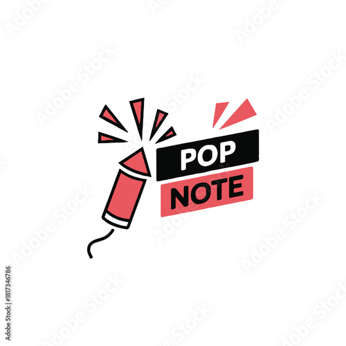 Illustration of a red firecracker with pop note text on black and red rectangles on white backdrop