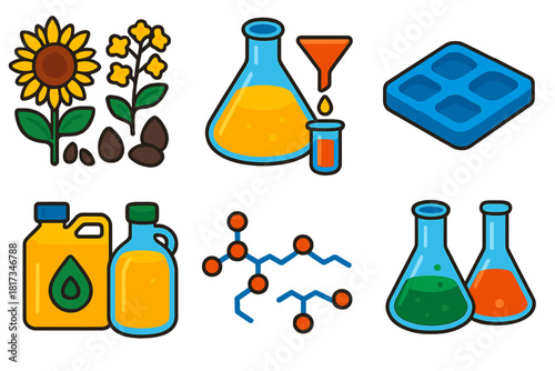 Oleochemistry Process Icons. Isometric vector illustration set Oleochemistry: oilseed plants, triglyceride extraction process,