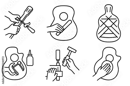 Guitar Crafting Icons. Line style icons of Guitar Building Stages: neck carving, body shaping, bracing layout, gluing process,