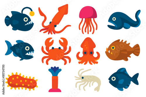 Deep-Sea Creatures Icons. Flat vector icons of deep-sea creatures: anglerfish, giant squid, jellyfish, gulper eel, viperfish, deep