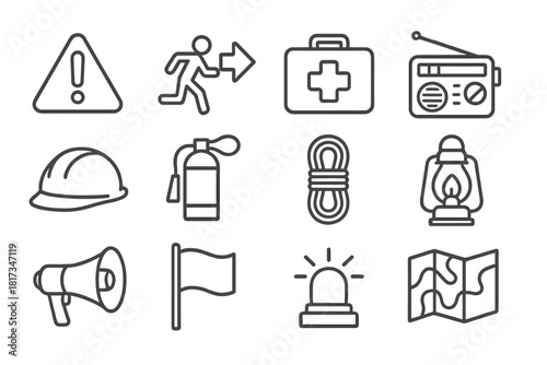 Emergency Preparedness Icons. Line style icons of Emergency Preparedness: Warning Sign, Evacuation Route, First Aid Kit, Radio;