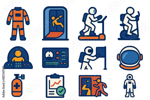 Astronaut Training Icons. Flat vector icons of astronaut training: space suit, zero-gravity chamber, treadmill, exercise bike,