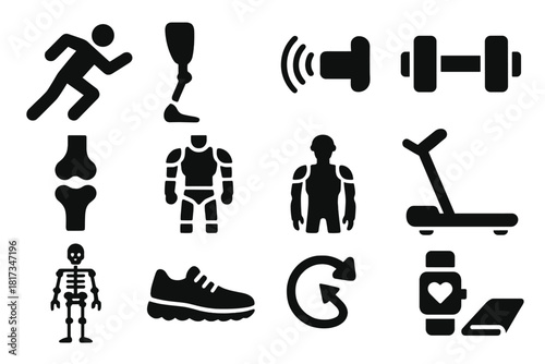 Applied Biomechanics Icons. Solid style icons of Applied Biomechanics: sprinting figure, prosthetic limb, motion sensor, dumbbell,