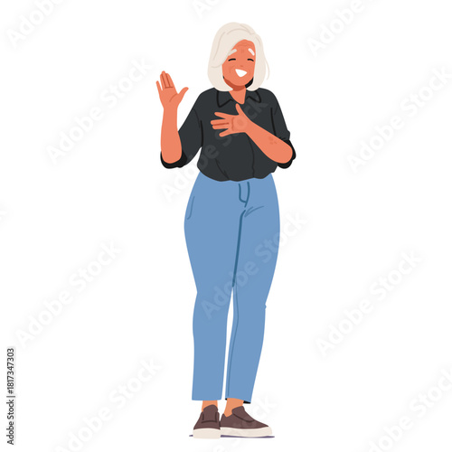 Positive elderly woman cartoon character promising with oath gesturing trustworthy hand sign