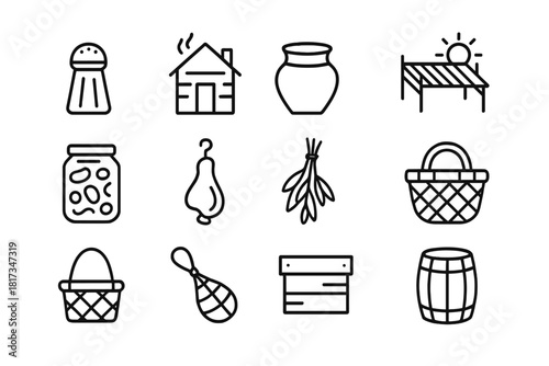Traditional Preservation Icons. Line style icons of Traditional Preservation: Salt Shaker, Smokehouse, Clay Pot, Sun Rack;