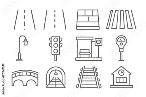 Urban Infrastructure Icons. Line style icons of Urban Infrastructure: Street, Road, Sidewalk, Crosswalk; Lamp Post, Traffic Light,