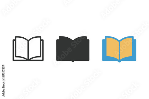 Minimalist Book Icon Trio. Minimalist open book icon: three identical open books with visible pages in a row, first in line style