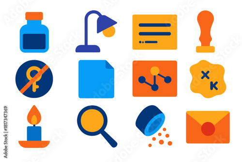 Steganography Tools Icons. Flat vector icons of Steganography Tools: invisible ink vial, heated lamp, secret message, wax stamp,