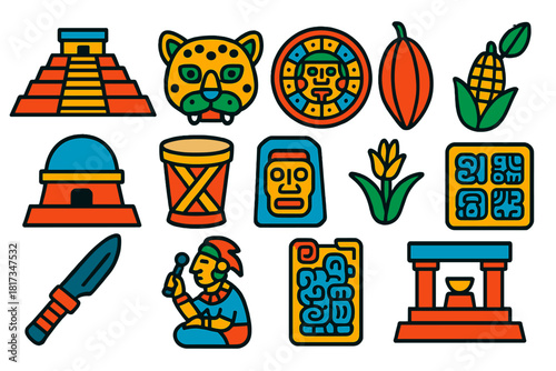 Mayan Civilization Icons. Flat vector icons of Mayan civilization: step pyramid, jaguar mask, calendar wheel, cacao pod,