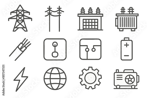 Energy Network Icons. Line style icons of Energy Networks: Transmission Tower, Power Line, Substation, Transformer; Cable, Switch,