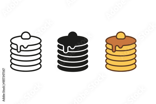 Pancake Styles Icon. Minimalist pancake breakfast icon: three identical stacks of pancakes with syrup on top in a row, first in