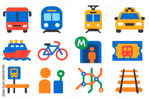 Modern Transport Icons. Flat vector icons of public transport: bus, metro train, tram, taxi, ferry, bicycle, subway entrance,