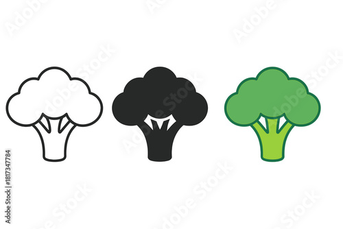 Broccoli Icon Variations. Minimalist broccoli vegetable icon: three identical broccoli heads with thick stalks in a row, first in