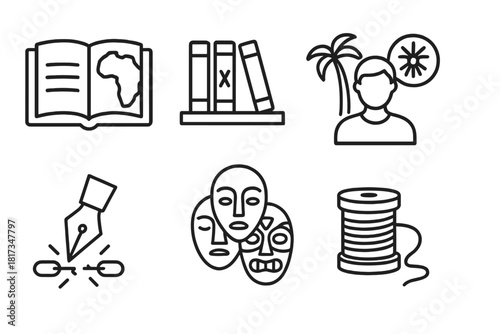 Post-Colonial Literature Icons. Line style icons of Post-Colonial Literature: open book with map, decolonized bookshelf, writer