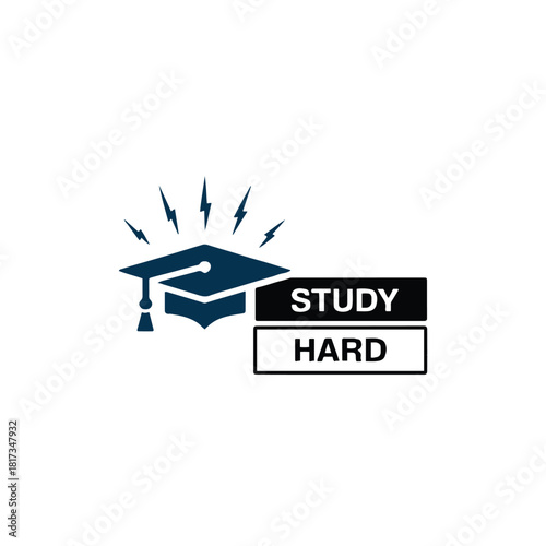 A graduation cap with lightning bolts above it next to study hard text on a white background image