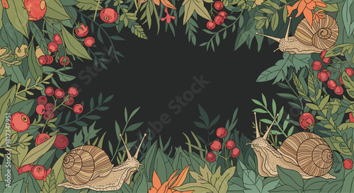 Beautiful botanical frame with detailed hand-drawn snails among lush green leaves and red berries on a dark background.
