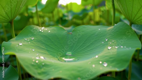 Water Droplets gently fall onto a vibrant green lotus leaf, collecting into a clear pool. A serene nature pond view capturing fresh purity with macro detail.