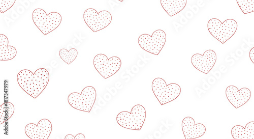 Simple seamless pattern of cute hand-drawn red hearts with a polka dot texture perfect for valentine's day or weddings.