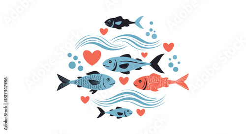 Charming circular composition with a school of stylized fish swimming with waves and red hearts in a cute folk art style.
