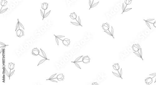 Simple and elegant seamless pattern with hand-drawn black line art tulips scattered across a minimalist white background.