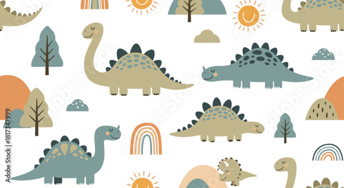 Cute seamless pattern with adorable dinosaurs in a boho prehistoric landscape with rainbows trees and suns for kids decor.