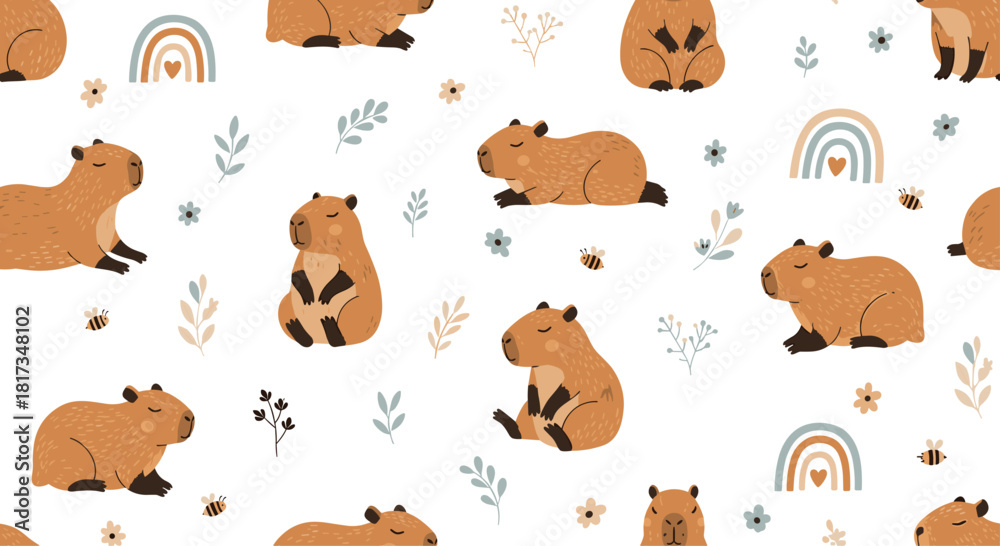 Obraz premium Adorable seamless nursery pattern with cute capybaras in various poses boho rainbows bees and flowers on a white background.