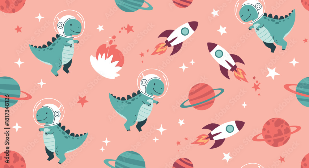 Obraz premium Fun seamless space pattern for kids with cute dinosaur astronauts rockets and planets on a cheerful pink background design.