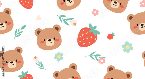 Adorable seamless pattern with cute cartoon bear faces fresh red strawberries and simple flowers for kids nursery textiles.